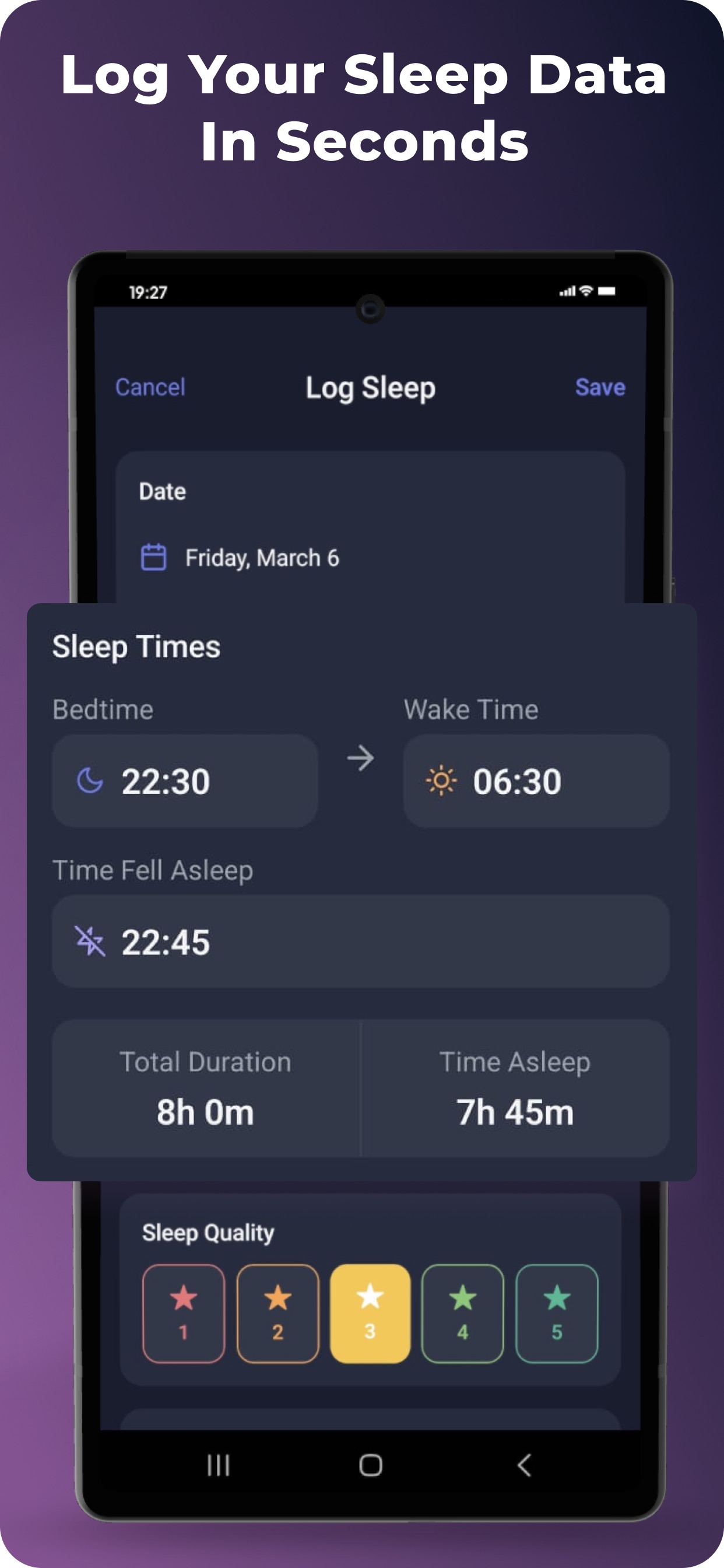 Sleep Habits Tracker app — sleep logging screen